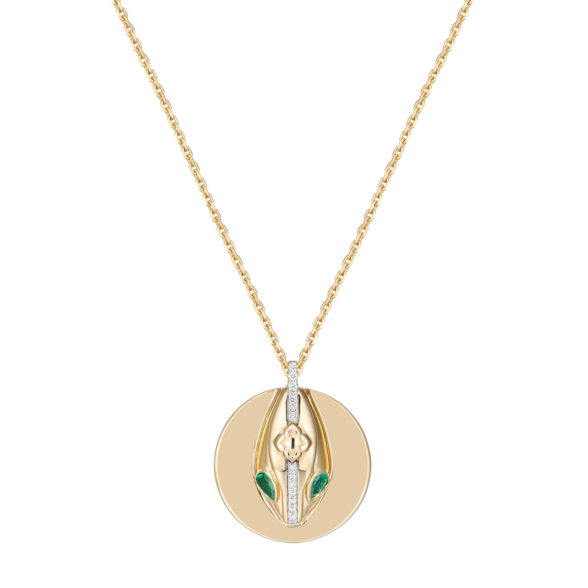 Inessa serpent coin pendant in 14k gold with emerald eyes and diamond spine, Renewal Collection transformation jewelry
