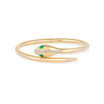 Inessa serpent hinged bangle in 14k gold with emerald eyes and diamond details, Renewal Collection luxury bracelet