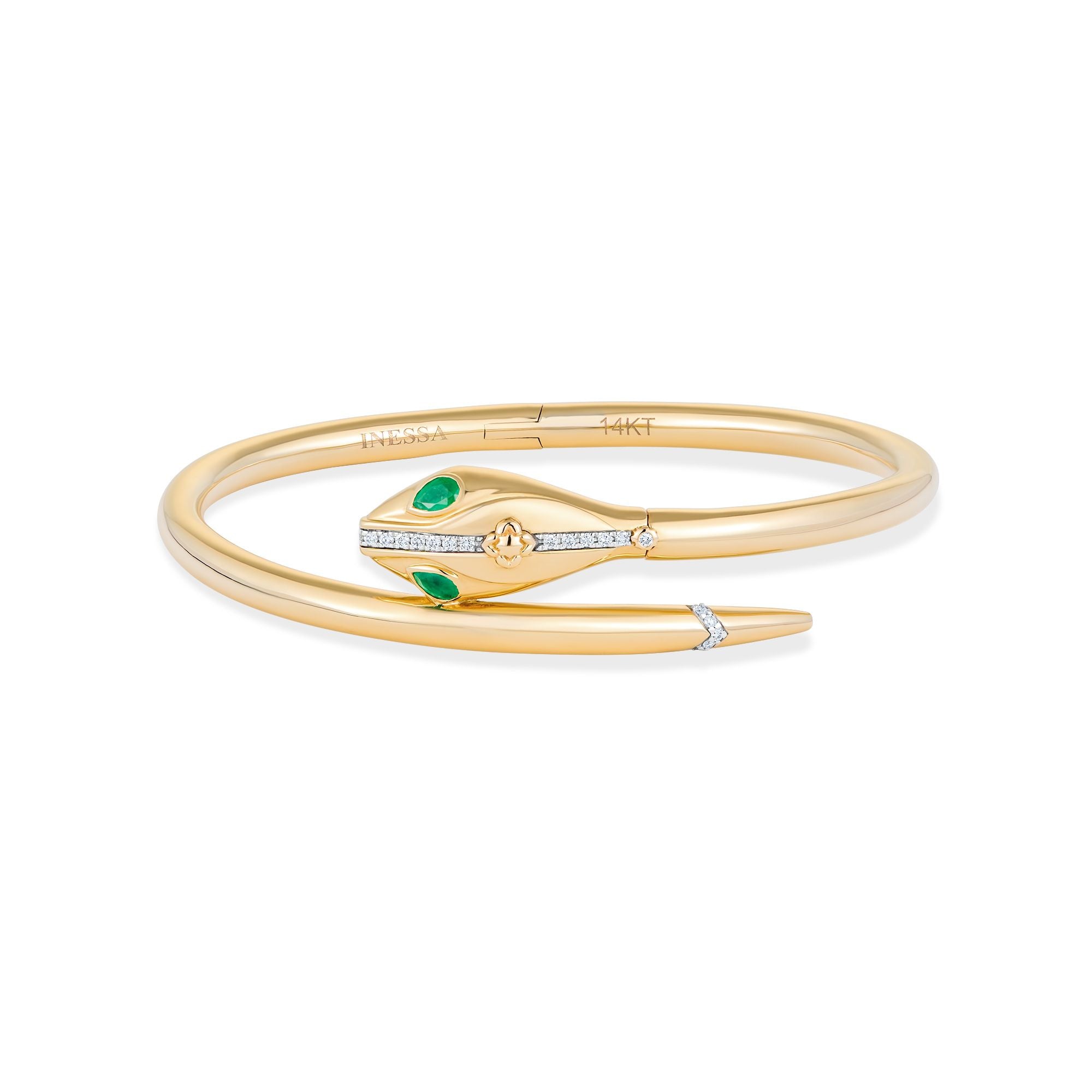 Inessa serpent hinged bangle in 14k gold with emerald eyes and diamond details, Renewal Collection luxury bracelet