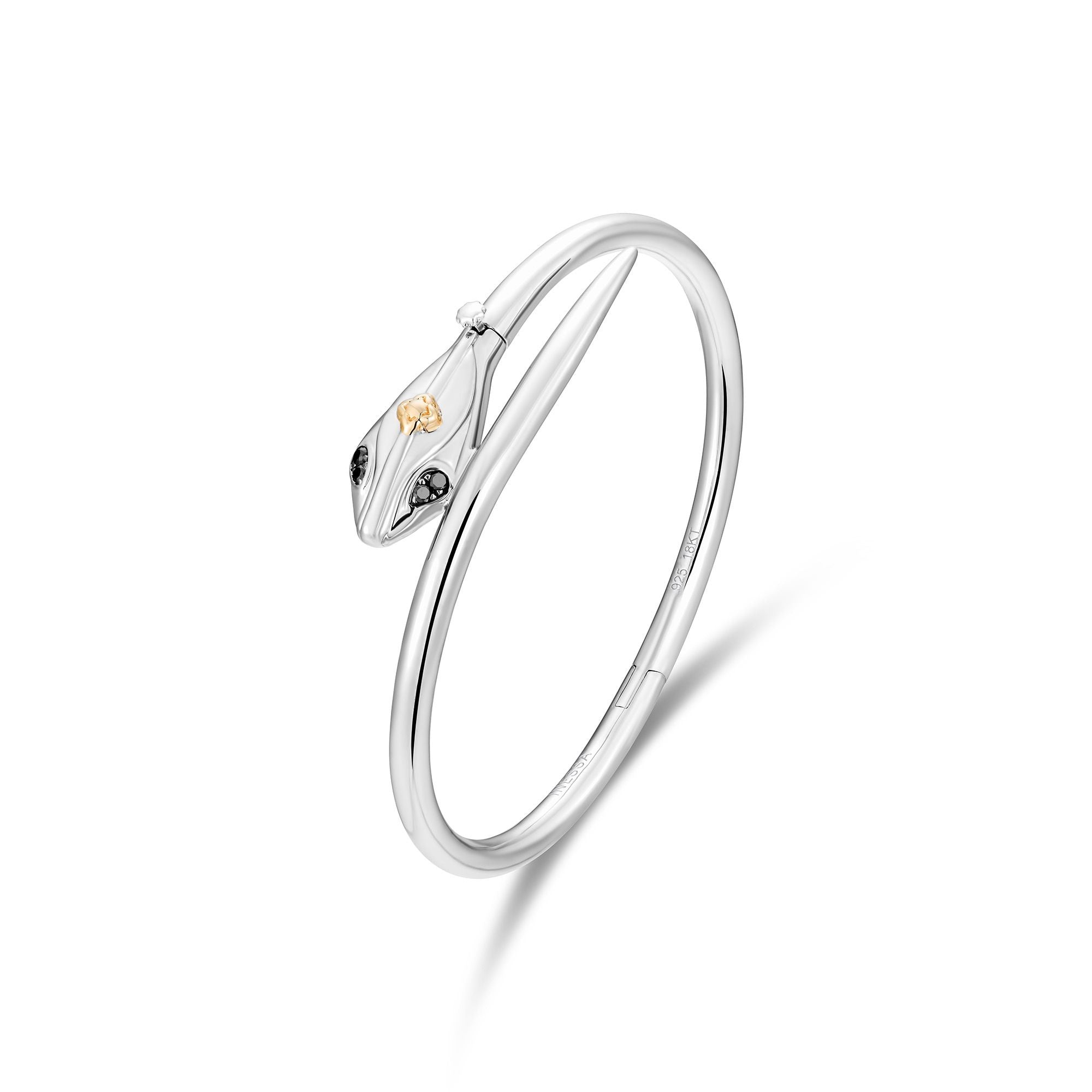 Inessa serpent hinged bangle in sterling silver with 18k gold accents and black diamonds, Renewal Collection bracelet