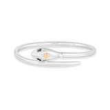 Top view of serpent hinged bangle showing secure hinge opening and sterling silver construction with gold details