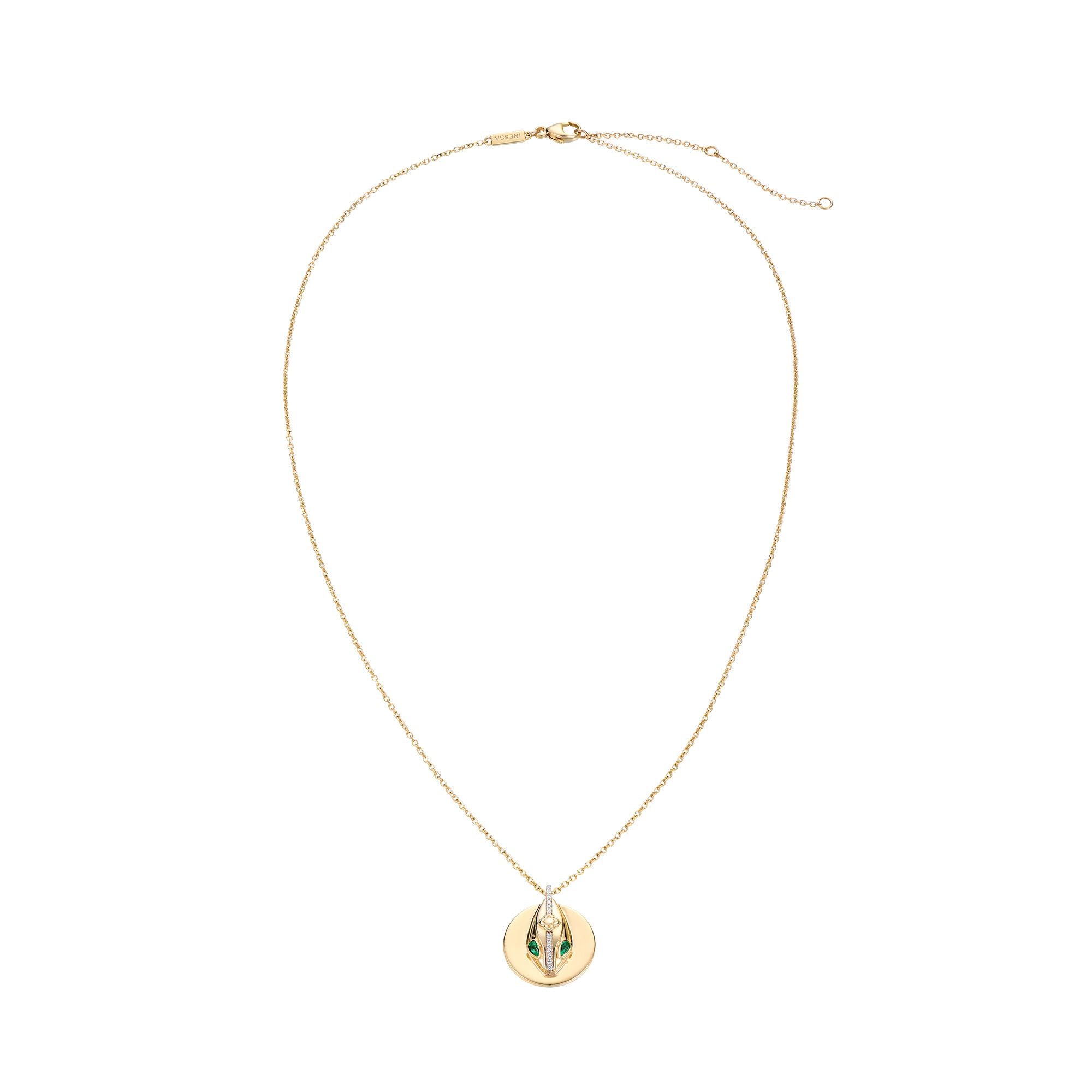 Full layout of serpent coin necklace from Renewal Collection displaying 16mm pendant and chain proportions