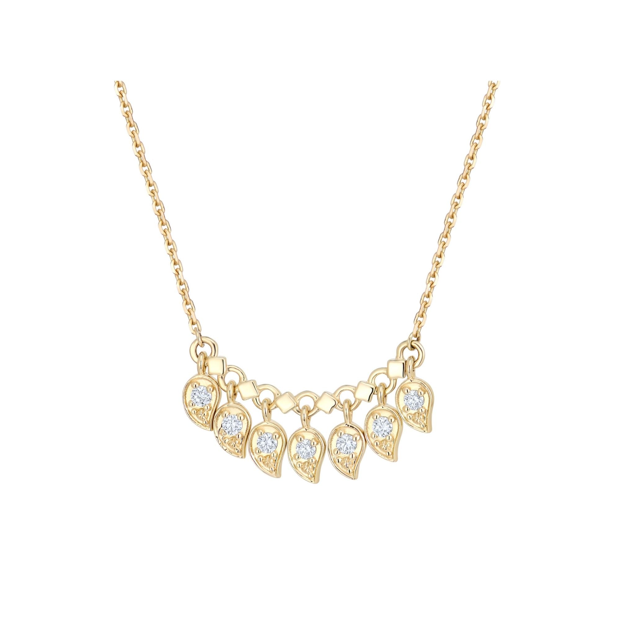 Inessa seven mango diamond necklace in gold showing curved pendant arrangement, Love Collection statement jewelry