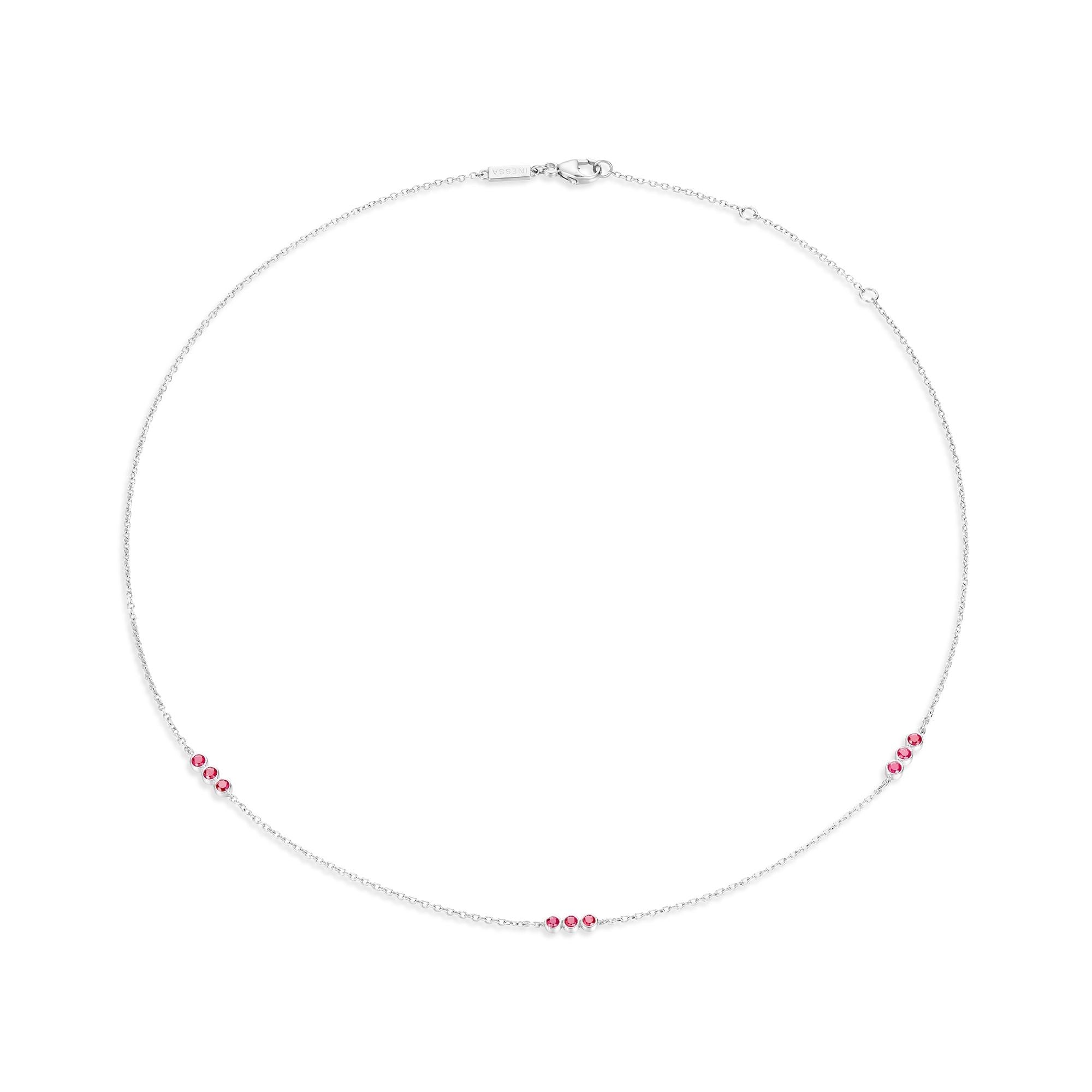 Inessa adjustable ruby trio necklace complete view, recycled sterling silver with ruby stations