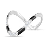 Inessa rhodium silver wave ring side view, black ceramic segments with diamonds