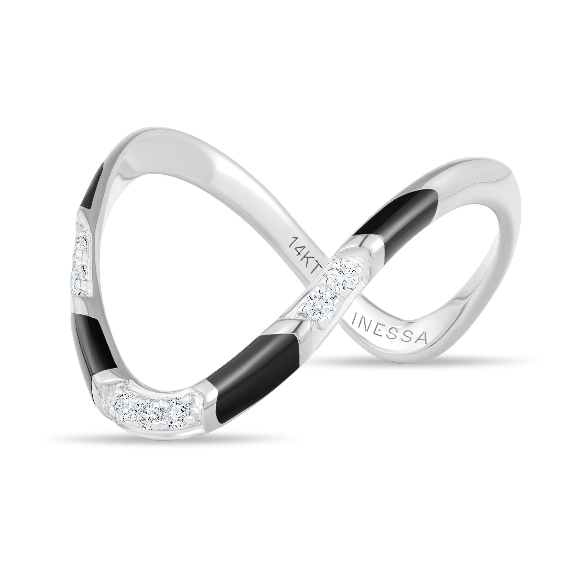 Inessa rhodium silver wave ring side view, black ceramic segments with diamonds
