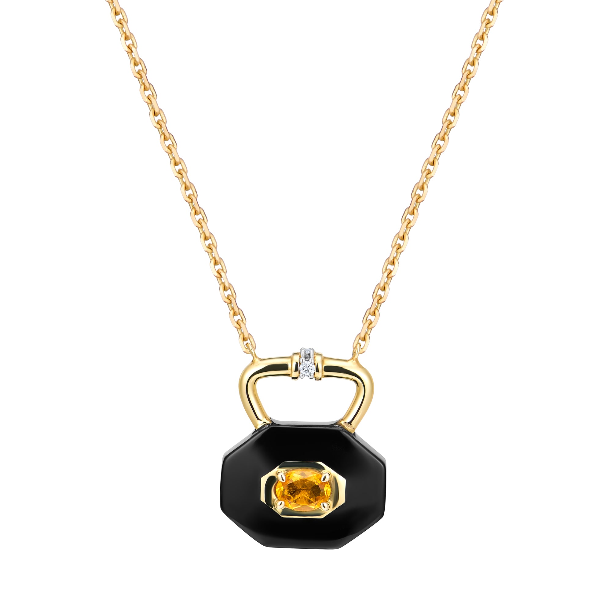 Gold necklace with a black ceramic pendant shaped like a lock featuring an oval citrine on a white background