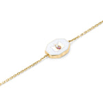 Lotus charm bracelet in white ceramic with pink tourmaline and diamond accents, 14k reclaimed gold chain