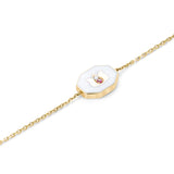 Lotus charm bracelet in white ceramic with pink tourmaline and diamond accents, 14k reclaimed gold chain