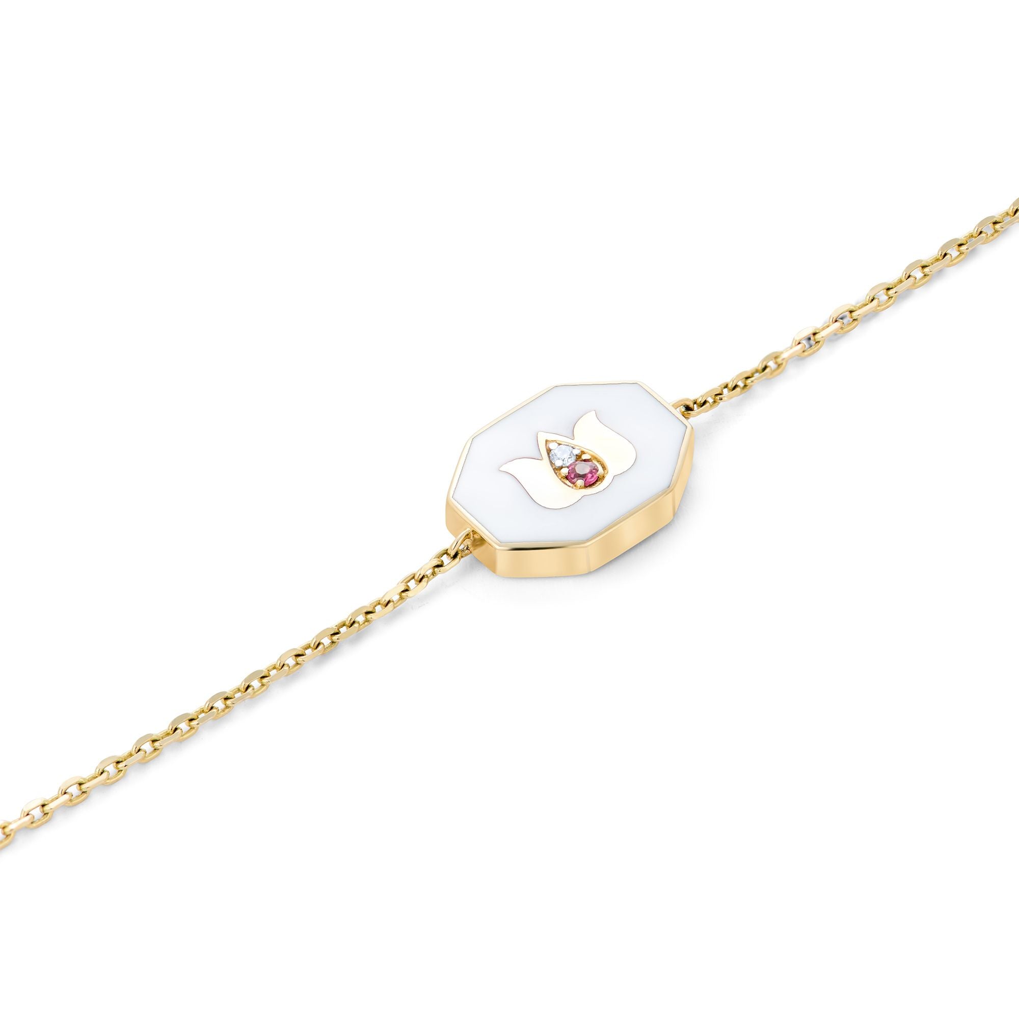 Lotus charm bracelet in white ceramic with pink tourmaline and diamond accents, 14k reclaimed gold chain