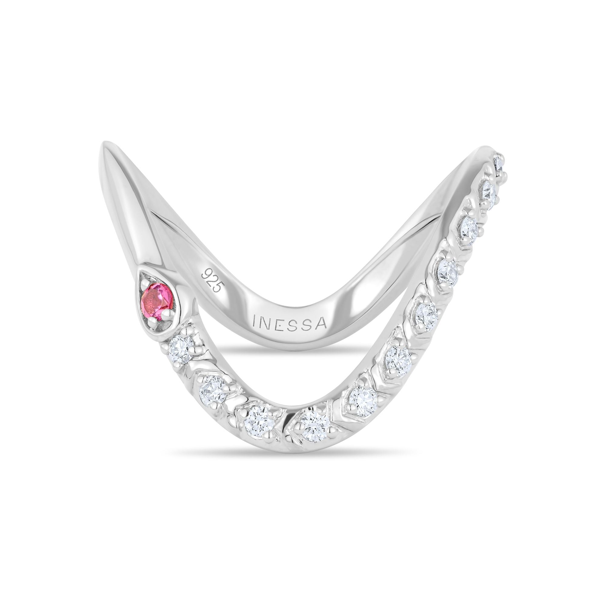 Sterling silver wave rings with pink tourmaline and diamonds showing Inessa brand engraving