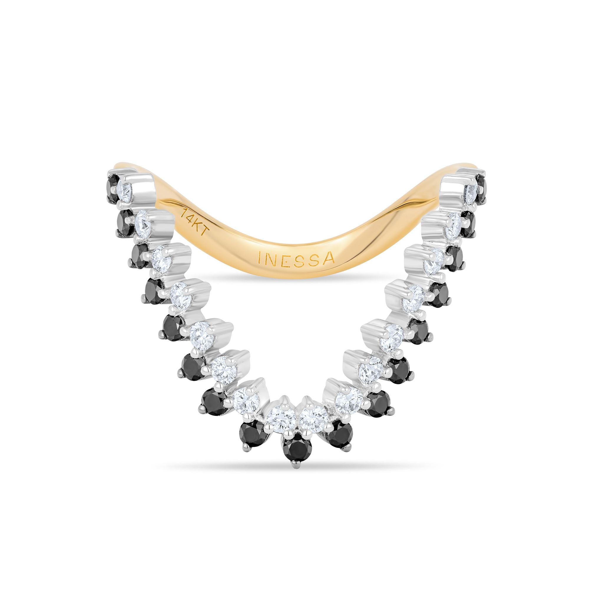 Inessa wave statement ring with black and white diamonds in 14k reclaimed gold, front view