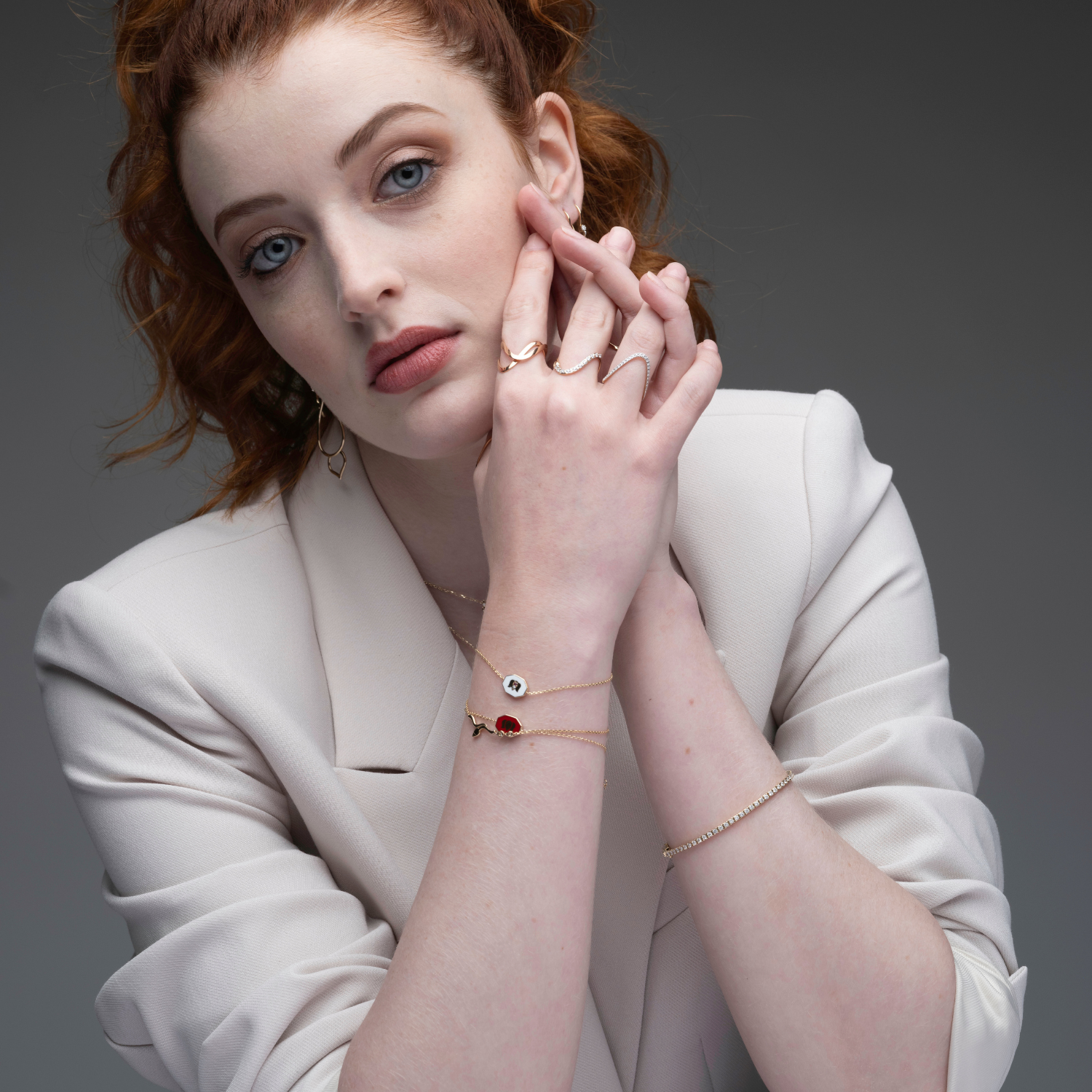 Inessa white ceramic pink tourmaline bracelet professional styling, 14k gold from Strength Collection