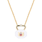 Lotus charm pendantin white ceramic with pink tourmaline and diamond accents, 14k reclaimed gold chain