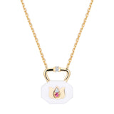Lotus charm pendantin white ceramic with pink tourmaline and diamond accents, 14k reclaimed gold chain