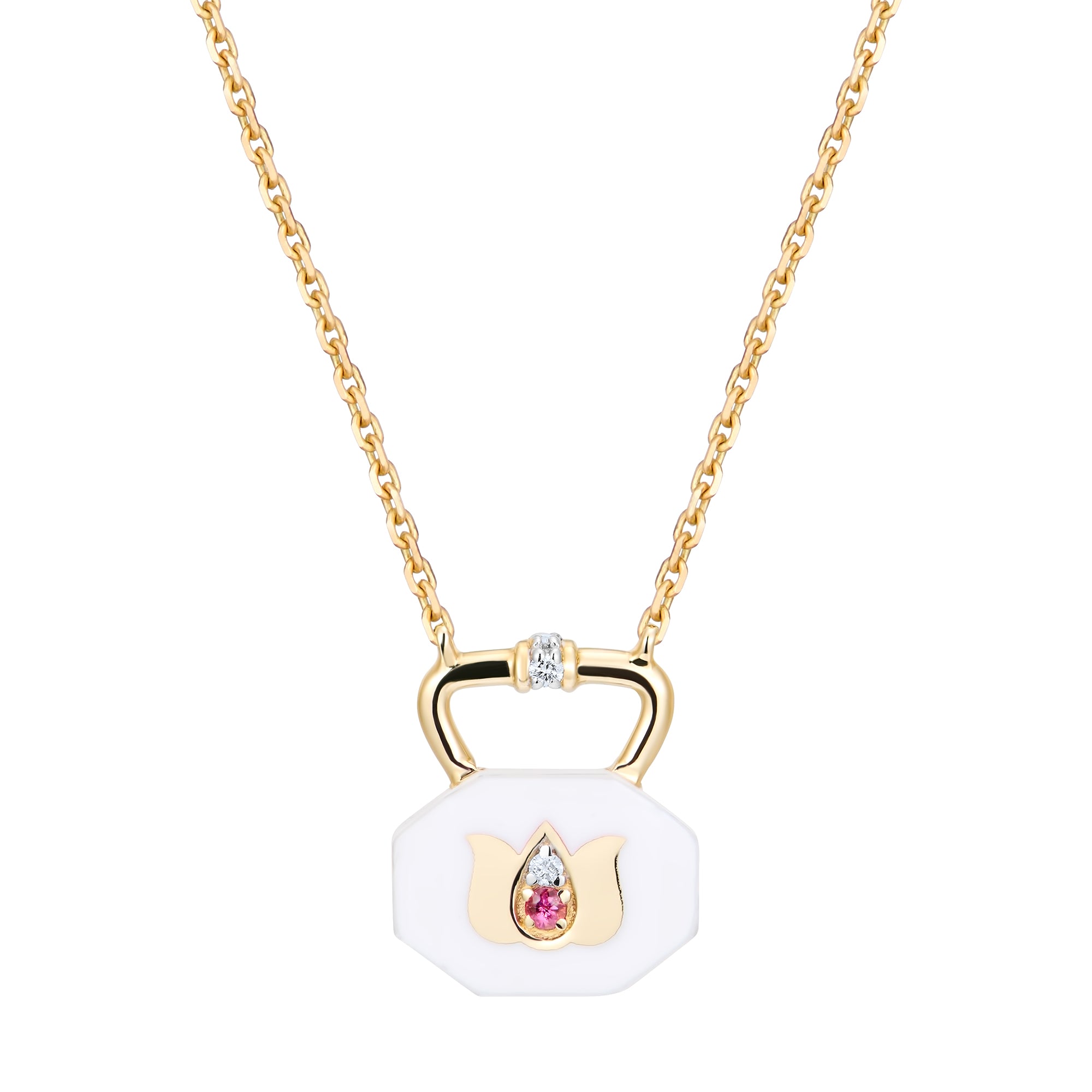 Lotus charm pendantin white ceramic with pink tourmaline and diamond accents, 14k reclaimed gold chain